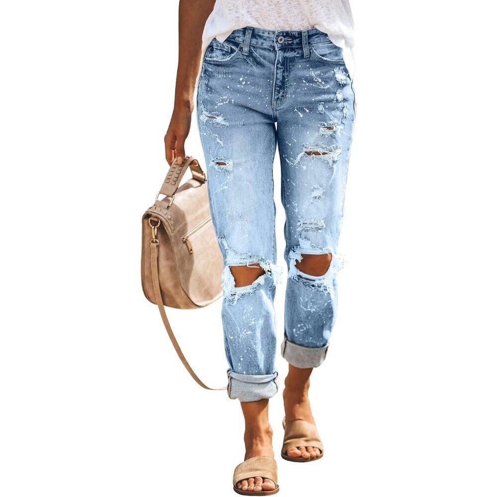 Women's Ripped Mid Waist Boyfriend Jeans Loose Fit Stretchy Denim Casual